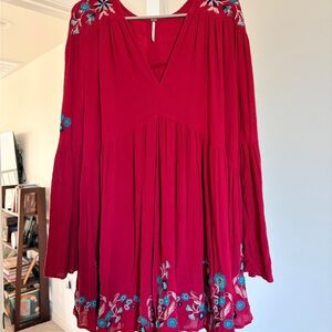 FREE PEOPLE Red Boho Embroidered Tunic Dress Size Large